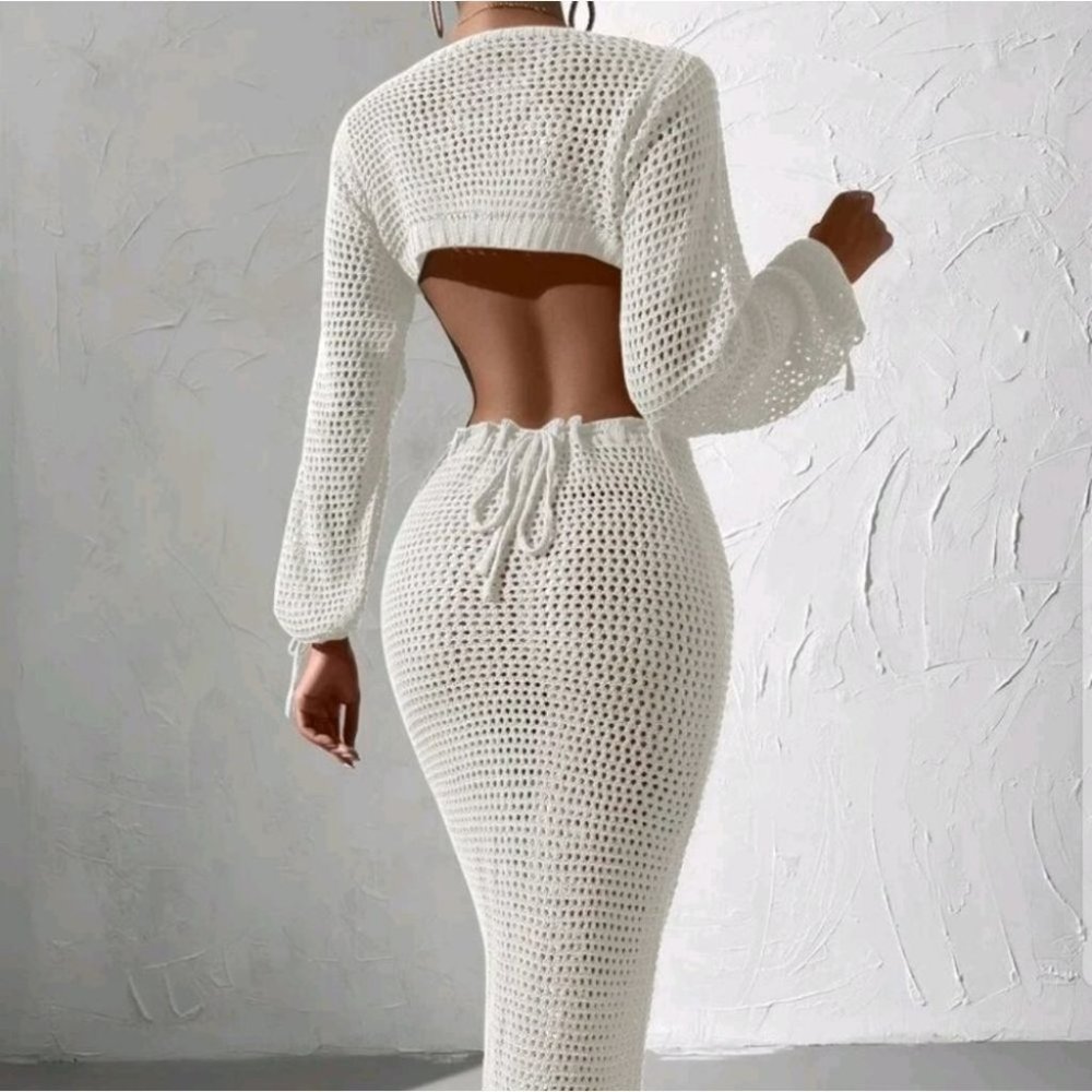 White knit cut out cover up dress summer beachy vacay - Picture 8 of 8